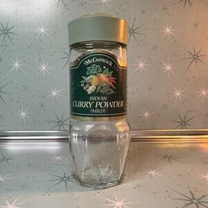 Vintage McCormick Indian Curry Powder Jar Green Label Glass Spice Bottle Retro